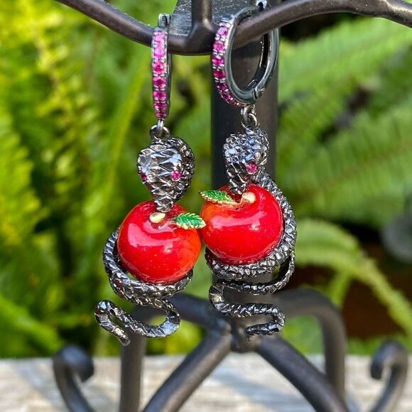 First People First Gun Metal Snake & Red Forbidden Apple Earrings. NWOT - Picture 2 of 9